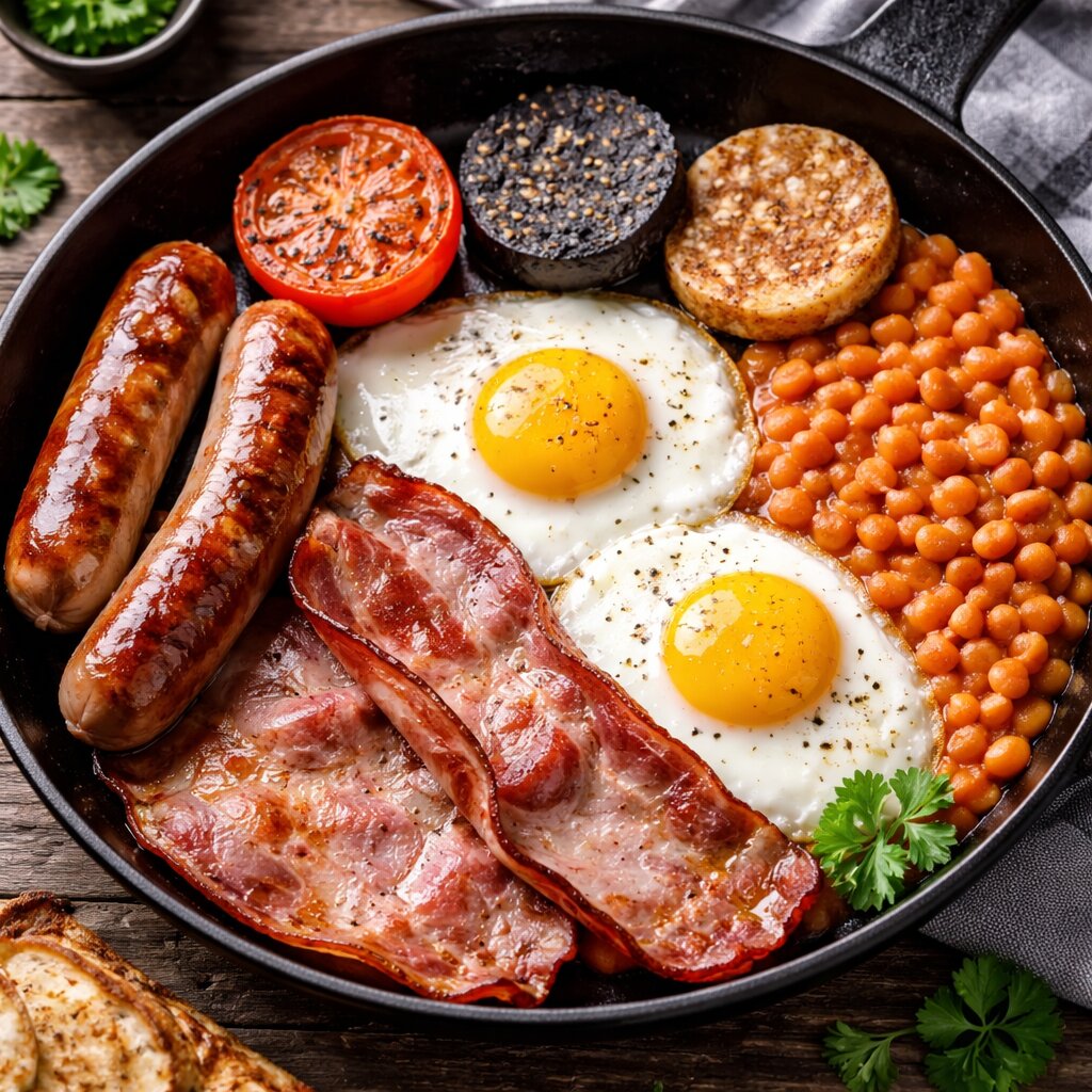 The Full Barn Breakfast — black and white pudding, sausages, eggs, bacon, beans, tomato, mushrooms and rustic potatoes.